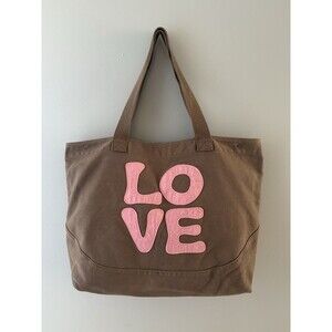 Life is Good Brown LOVE Canvas Tote Bag Pink Letters Beach Grocery Sustainable *